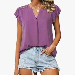 GAHARU (XL) Pink Purple Notch V-Neck Lace Flutter Sleeve Chiffon Loose Top